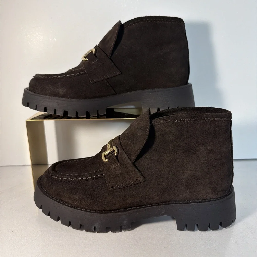 Madden NYC Lug Loafer Leon Chocolate Brown Boots Booties Faux Suede Sz 8.5 Woman
